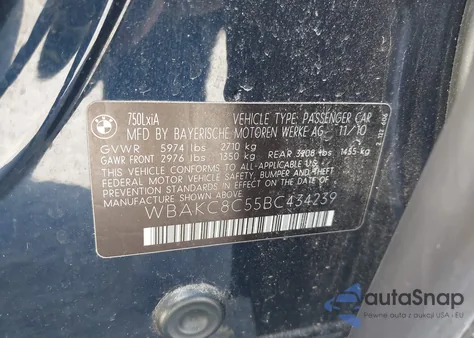 2011 BMW 750Li xDrive z USA, uszkodzony, nr VIN WBAKC8C55BC434239